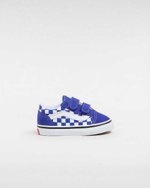 Kids' Vans Old Skool Hook and Loop Checkerboard (1-4 Years) Sneakers Blue Malaysia | VN9653247