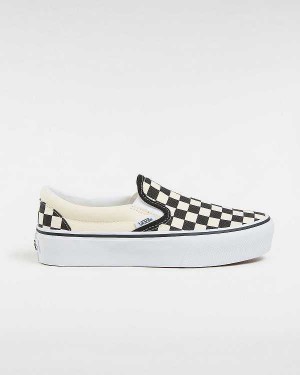 Women Vans Checkerboard Classic Slip-On Platform Shoes Black / White Malaysia | VN4528079