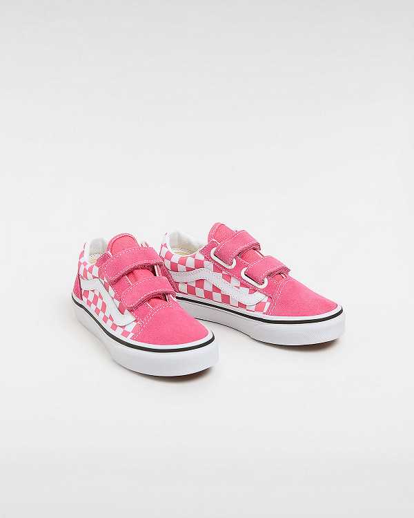 Kids' Vans Old Skool Hook and Loop Checkerboard (4-8 Years) Sneakers Pink Malaysia | VN8795164