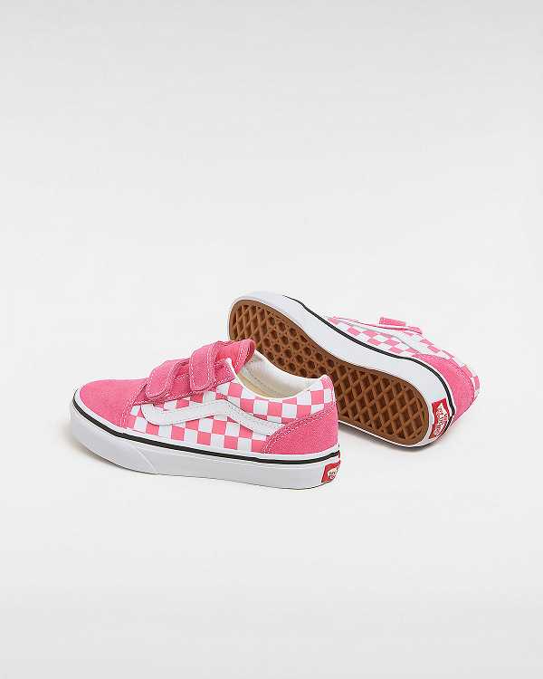 Kids' Vans Old Skool Hook and Loop Checkerboard (4-8 Years) Sneakers Pink Malaysia | VN8795164