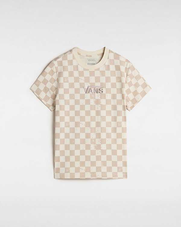 Women Vans Allover Check Crew T Shirts Beige Malaysia | VN2560397