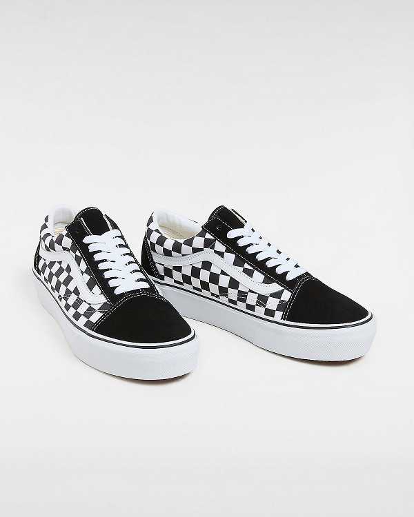 Women Vans Checkerboard Old Skool Platform Shoes Black / White Malaysia | VN3940678