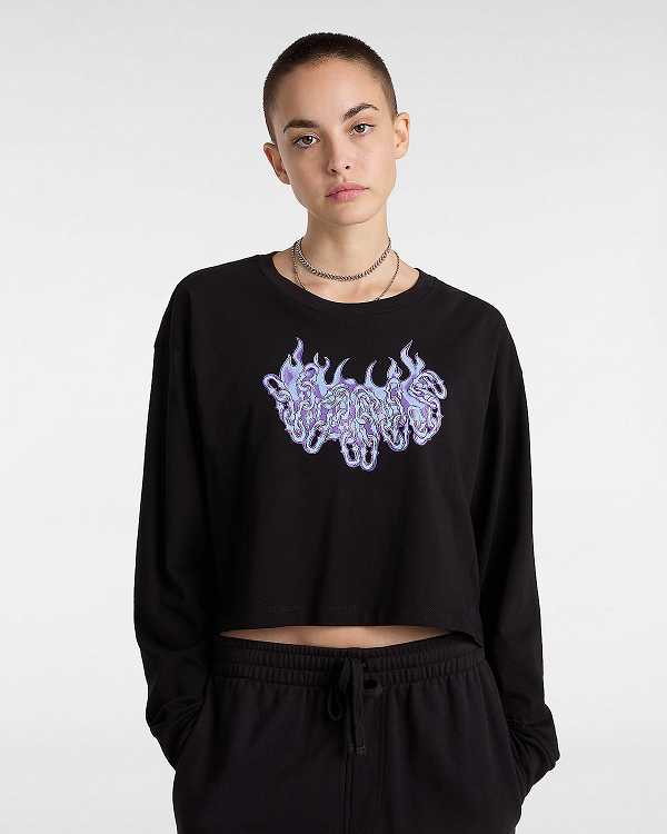 Women Vans Hot Links Relaxed Long Sleeve Crop T Shirts Black Malaysia | VN2149753