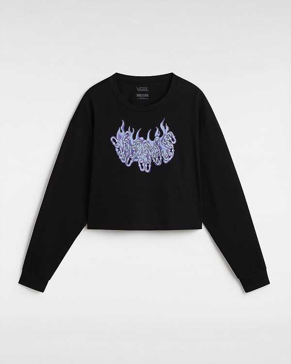 Women Vans Hot Links Relaxed Long Sleeve Crop T Shirts Black Malaysia | VN2149753