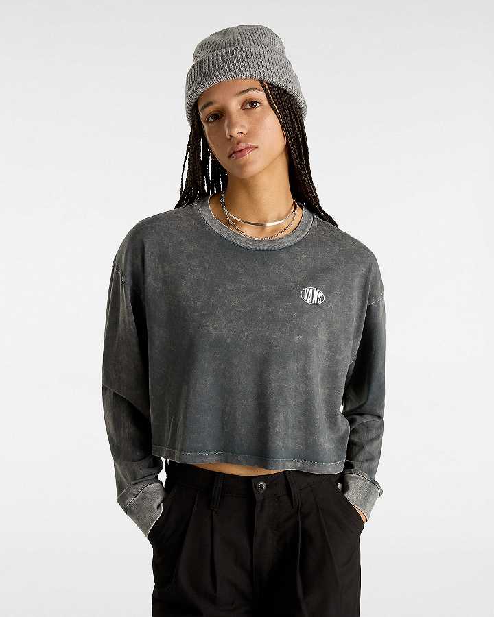 Women Vans Oval Wash Relaxed Long Sleeve Crop T Shirts Black Malaysia | VN0489723