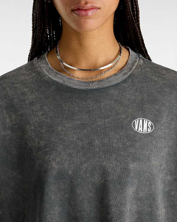 Women Vans Oval Wash Relaxed Long Sleeve Crop T Shirts Black Malaysia | VN0489723