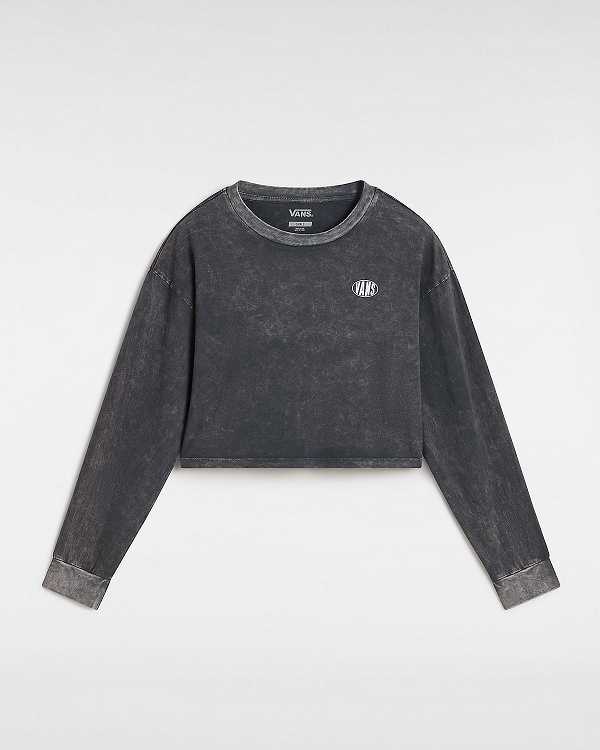 Women Vans Oval Wash Relaxed Long Sleeve Crop T Shirts Black Malaysia | VN0489723